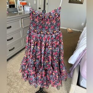 entro women size small Floral Smocked Tiered dress in Pink, Black & Yellow